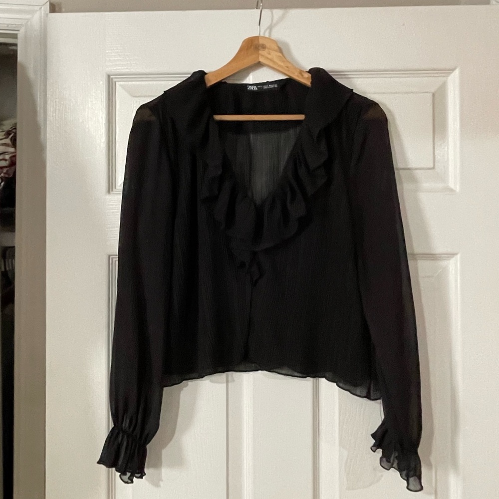 Zara Black Ruffle V-Neck Sheer Blouse